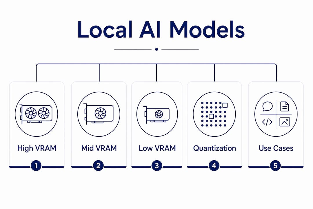 Infographic showing hierarchy of local AI models by VRAM tiers and use cases