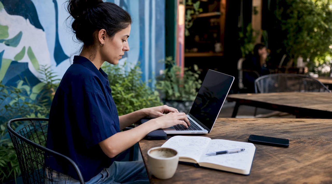 Hands typing on MacBook in coworking space