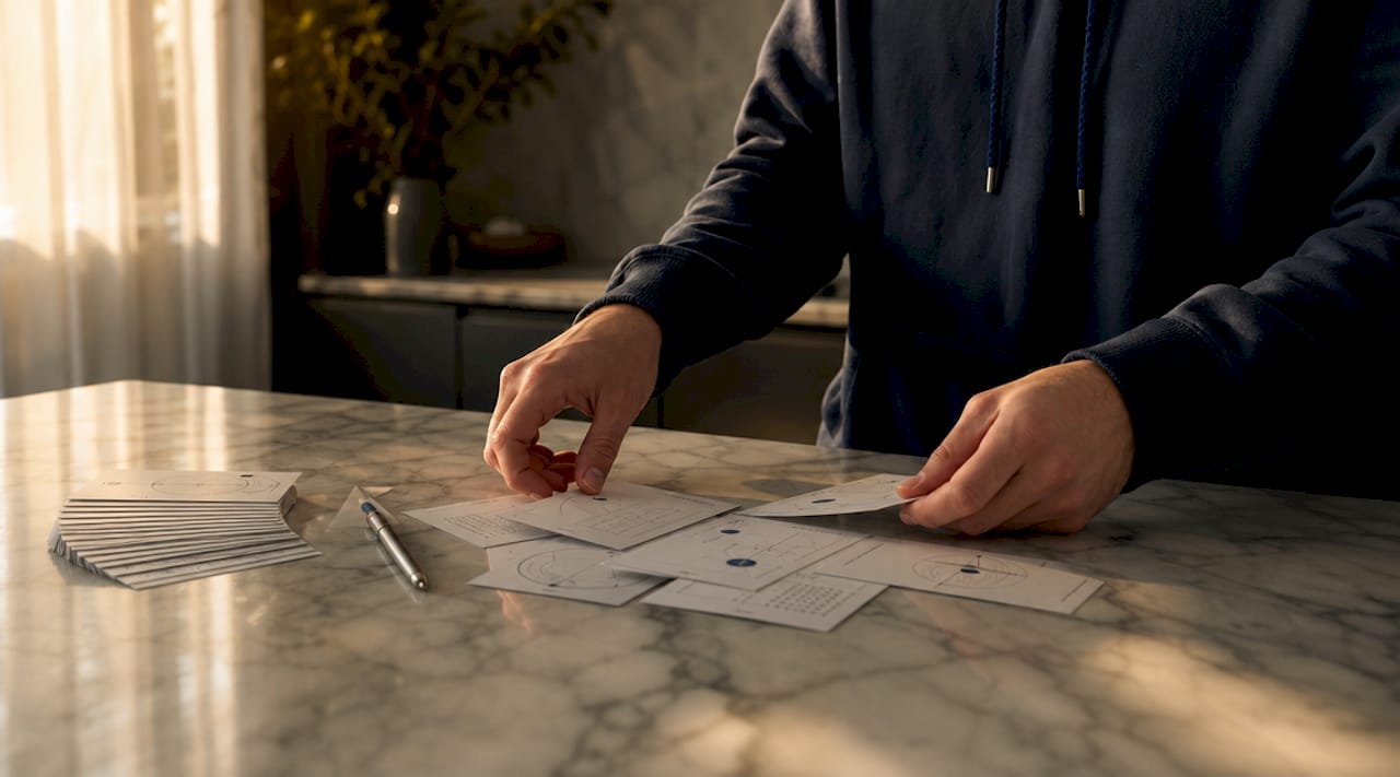 Hands organizing AI verification method cards