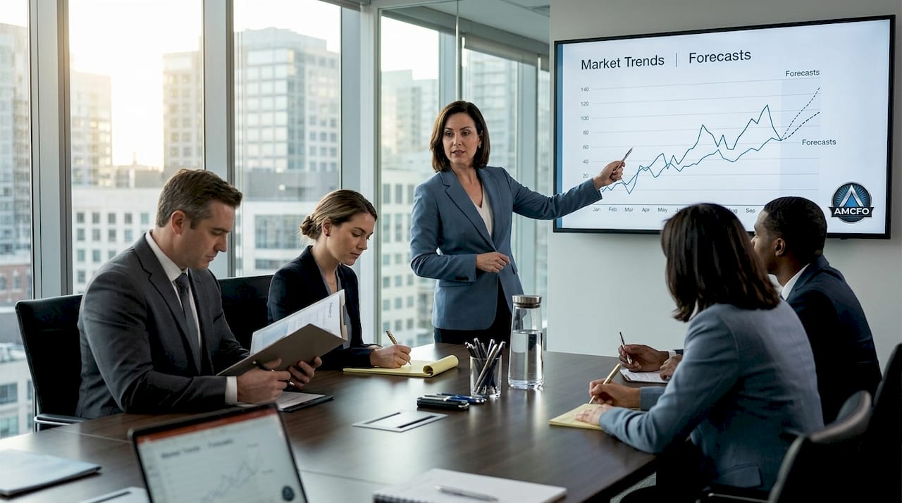 Finance team discussing market strategies