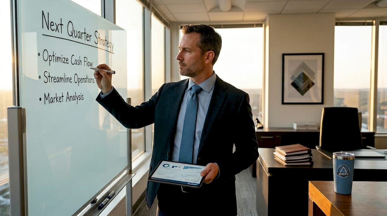 CFO planning strategy at whiteboard with tablet
