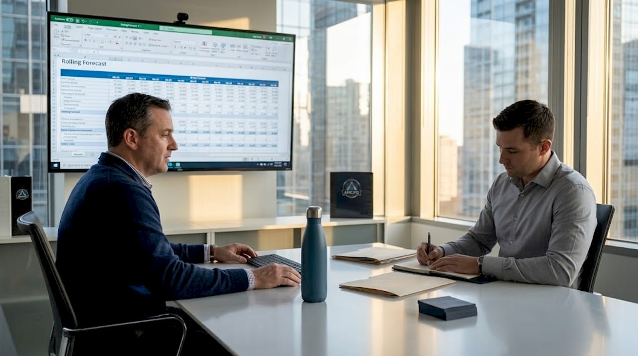 CFO reviews forecasts at conference table