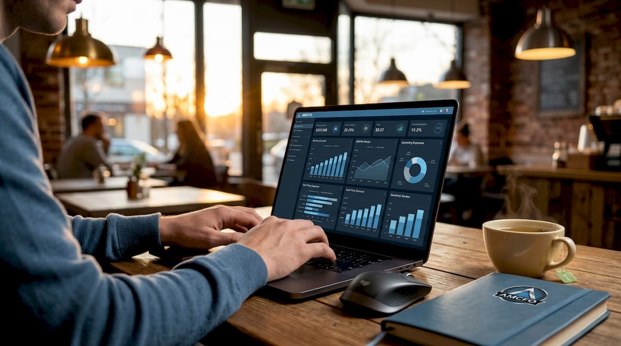 Hands typing on financial reporting software
