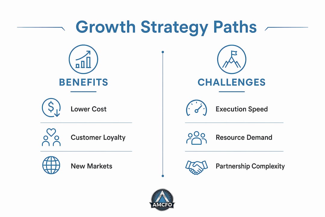 Infographic comparing benefits and challenges of growth paths