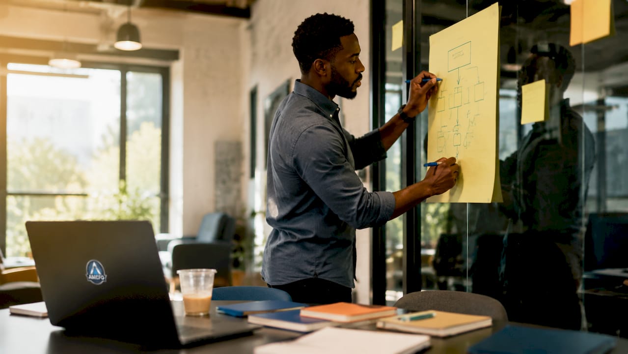 Accountant outlining AR best practices on whiteboard