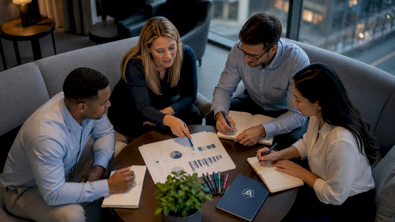 Team discussing strategic budgeting in conference room