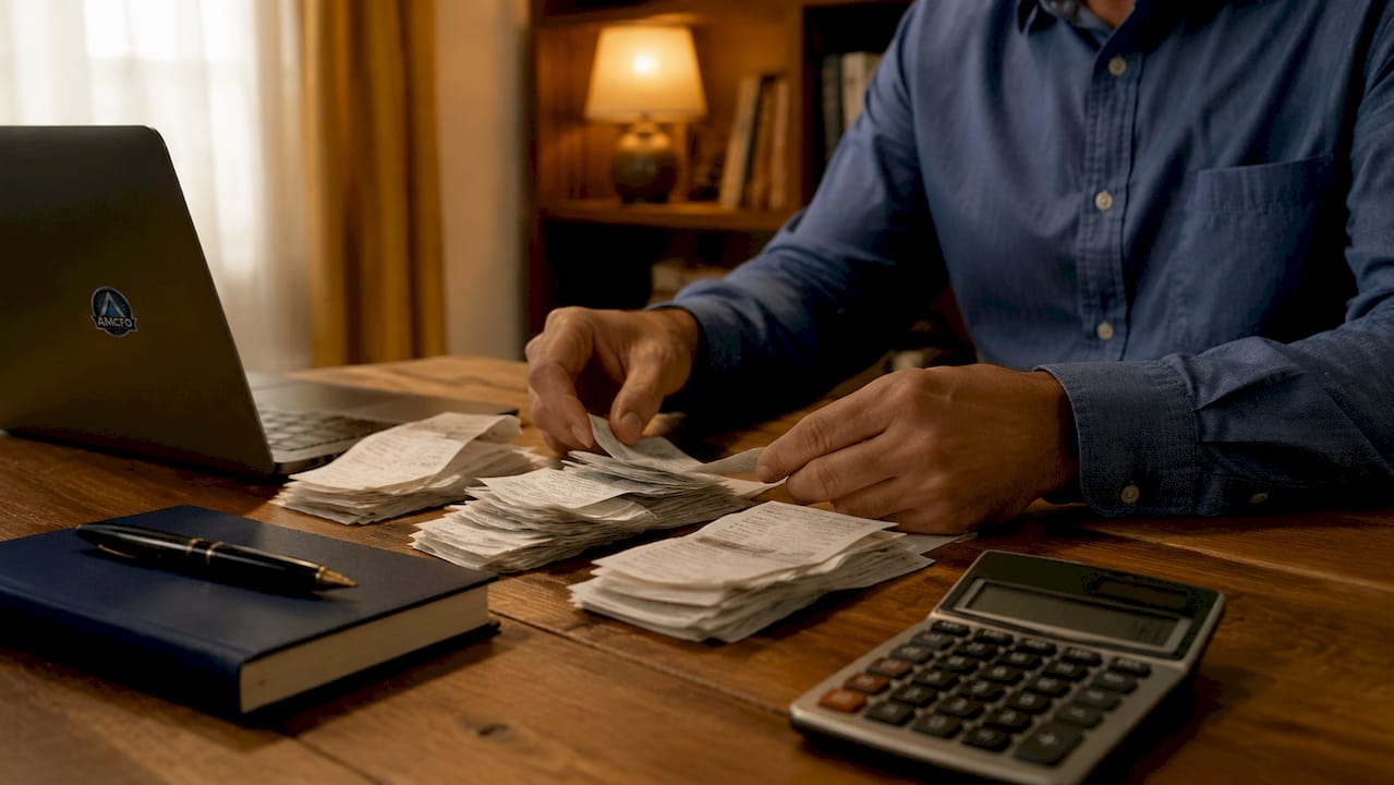 Hands organizing receipts and bookkeeping papers on desk