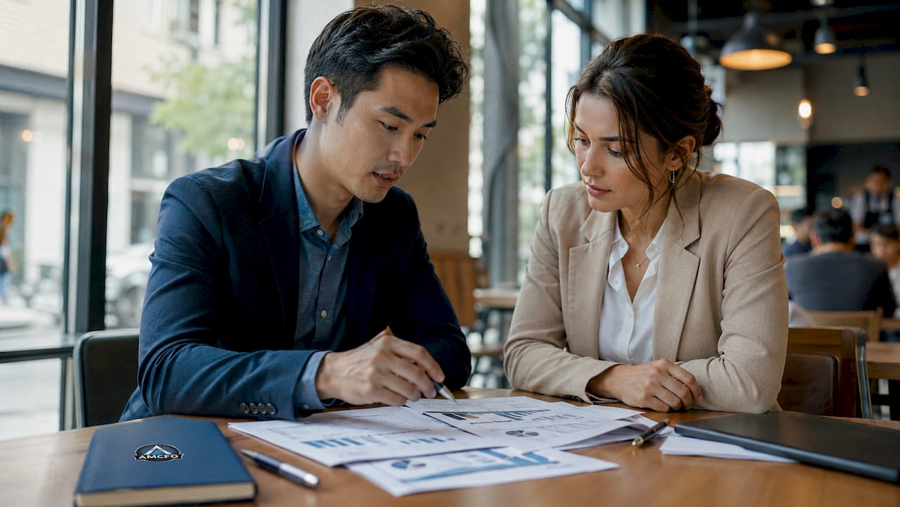 Entrepreneur and accountant reviewing financial reports together