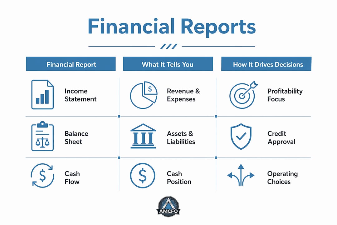 Infographic illustrating bookkeeping financial reports and their business impact