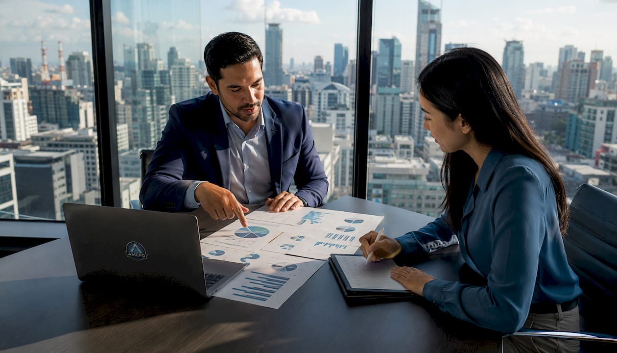 Colleagues discussing financial data in office meeting