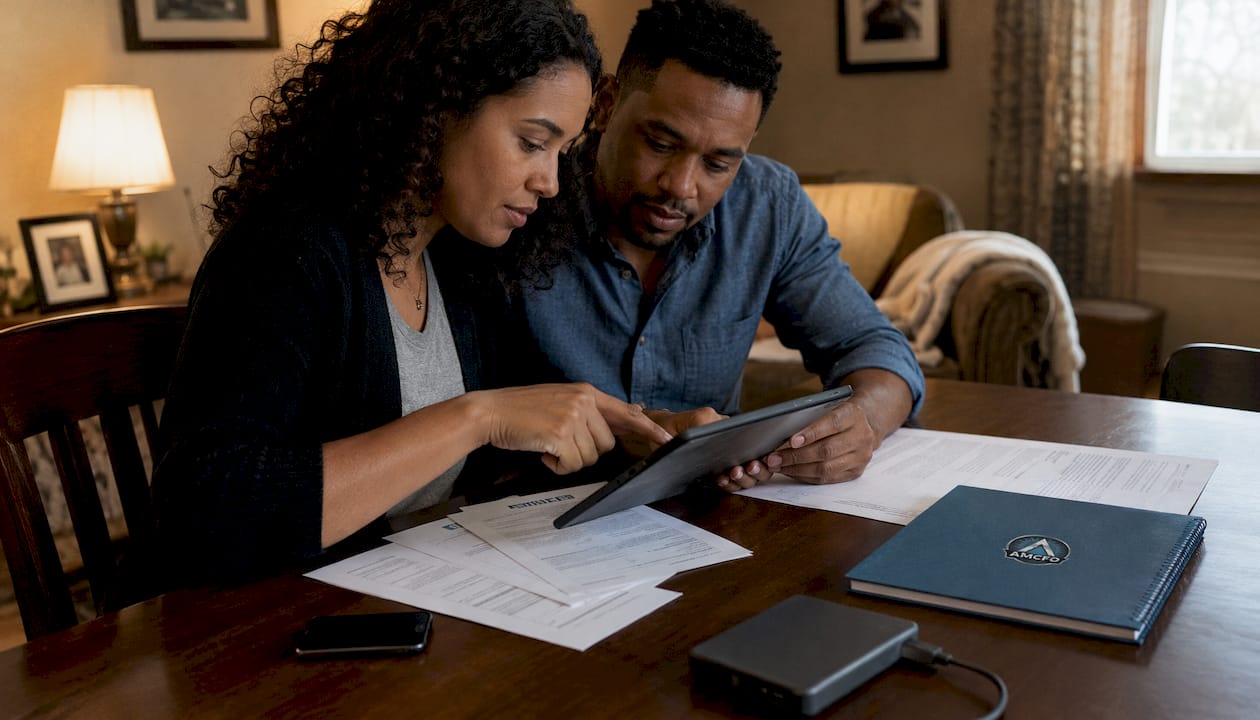 Hands using tablet for storing financial records