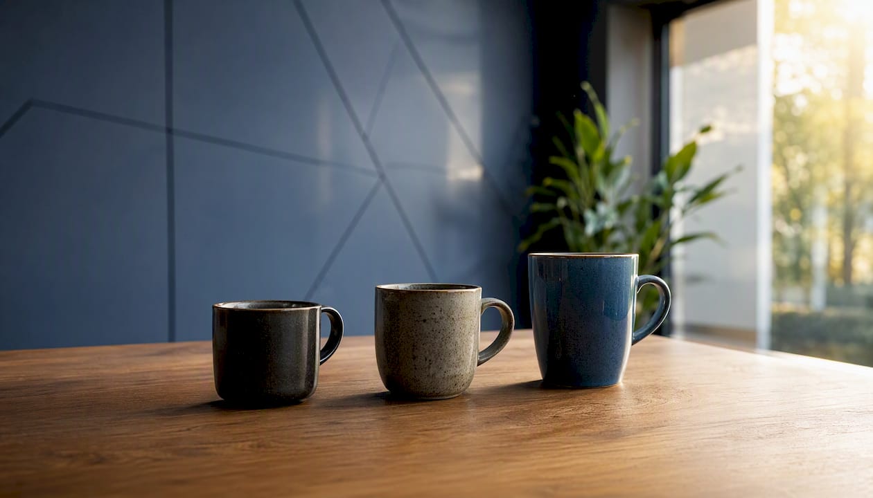 Three coffee cups on desk representing scenarios