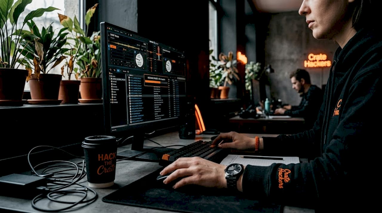 Hands dragging music files into DJ software