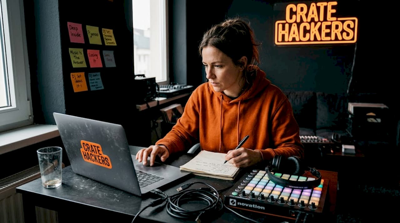 Woman creating DJ set playlists on laptop