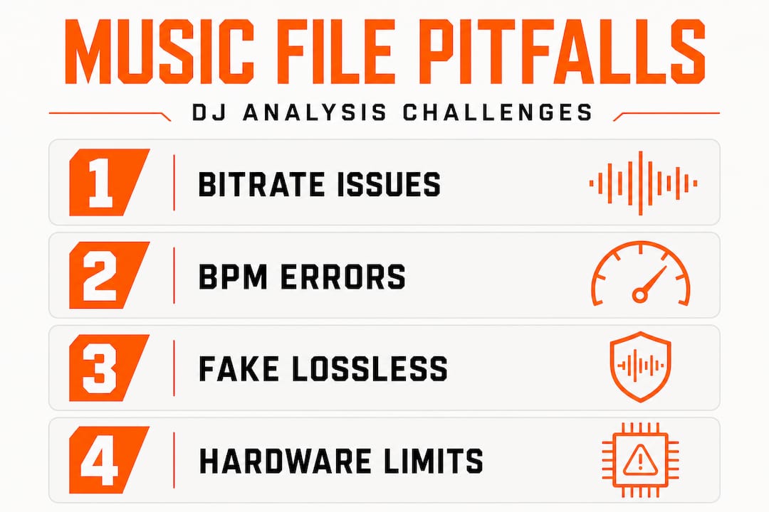 Infographic listing music file pitfalls and DJ challenges