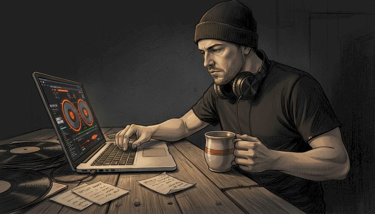 DJ uses laptop with software at kitchen table