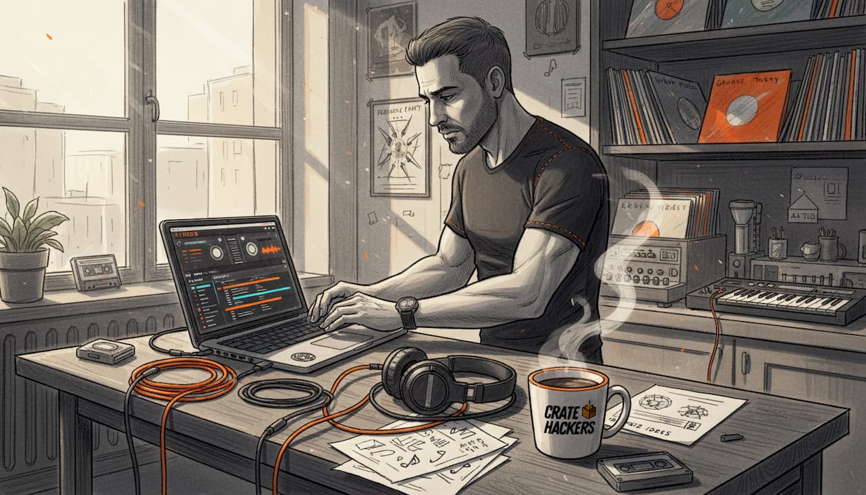 DJ preparing music crates in apartment