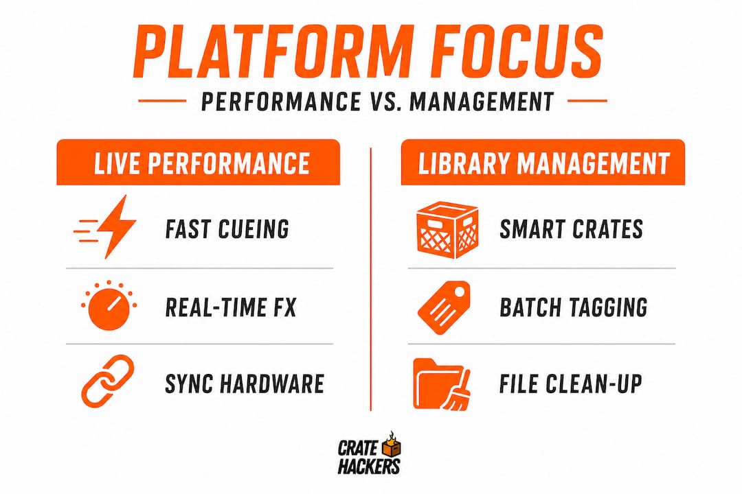 Split infographic comparing DJ software features