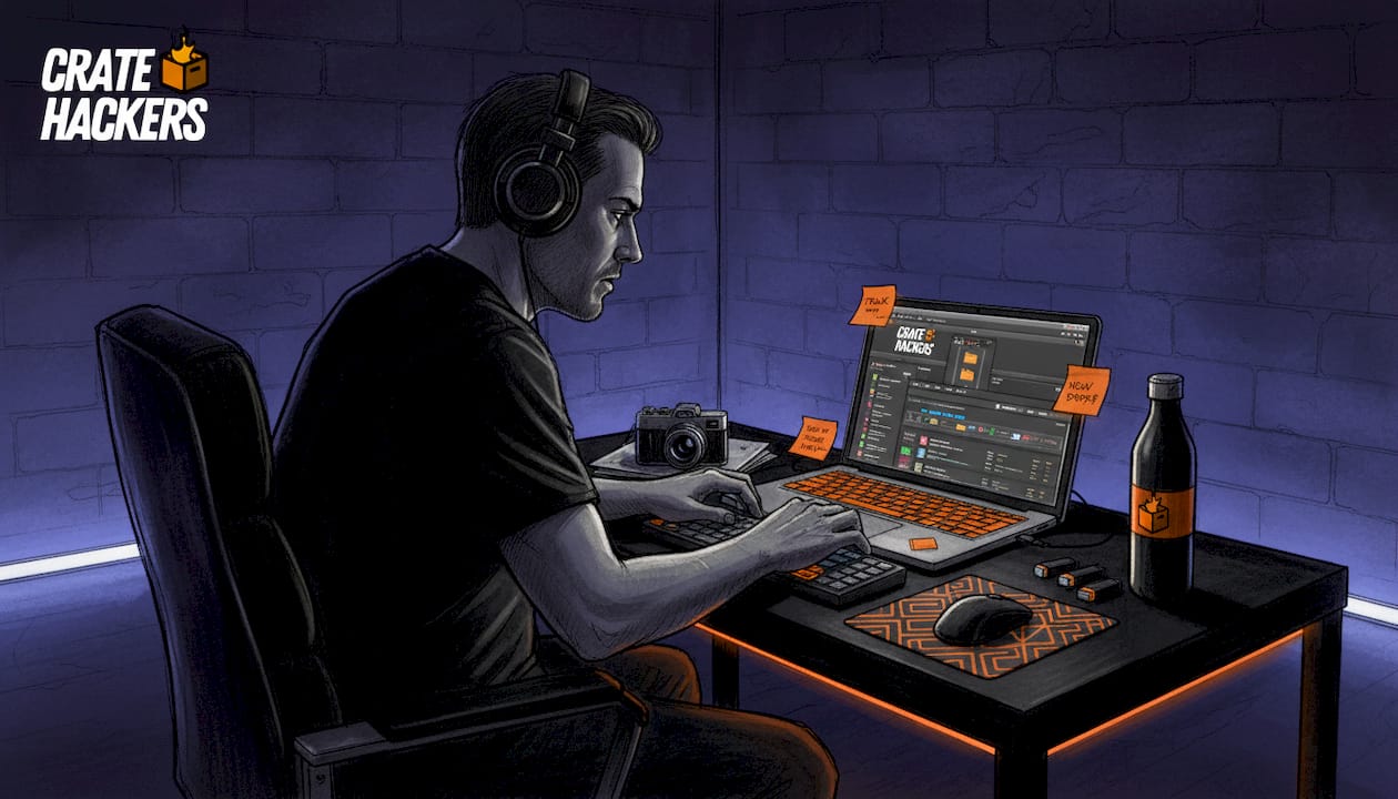 DJ organizing tracks at cluttered desk