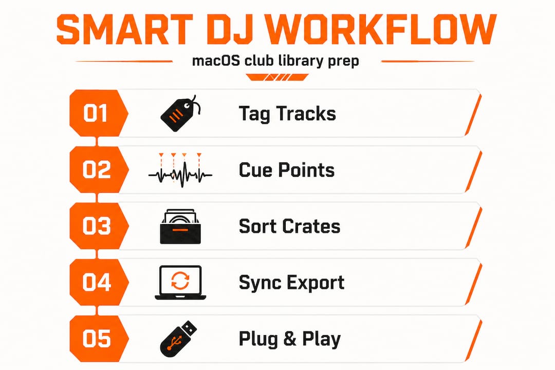 Infographic: macOS DJ library workflow steps