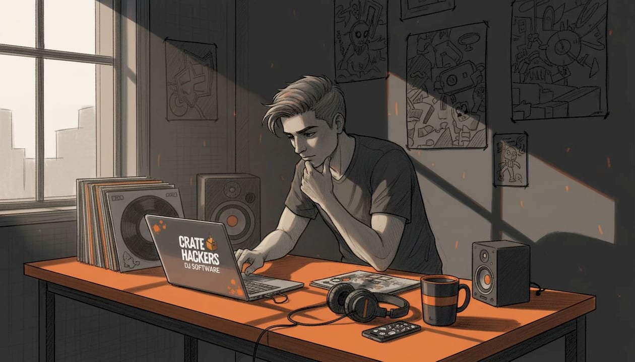 DJ organizes playlists in cluttered workspace