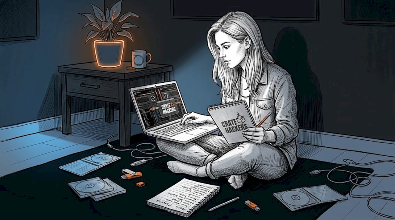 DJ organizing digital music collection at home