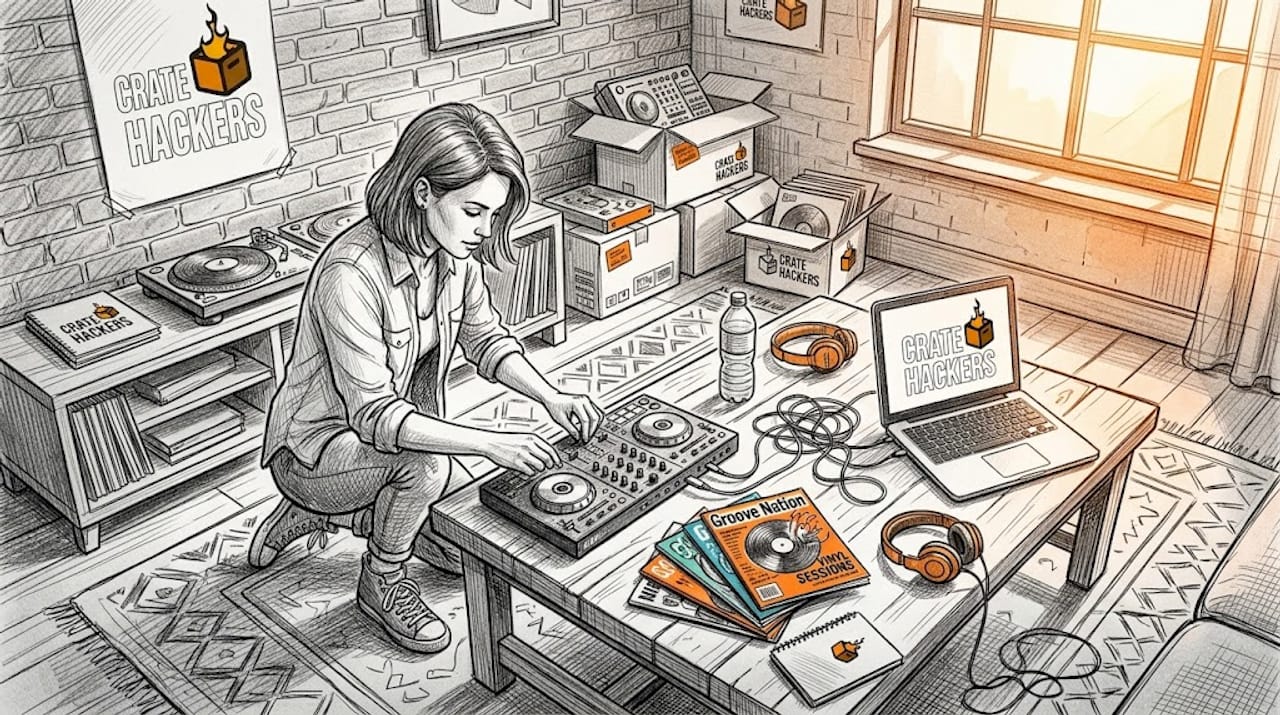 Woman preparing home DJ corner with controller