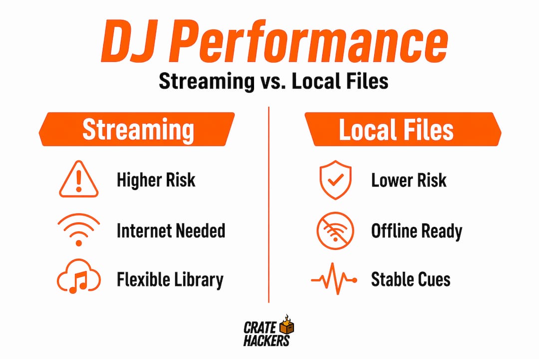 Infographic comparing streaming and local files for DJs