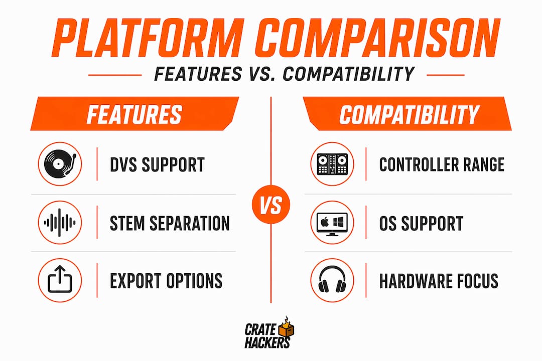 Infographic showing DJ software platform feature comparison