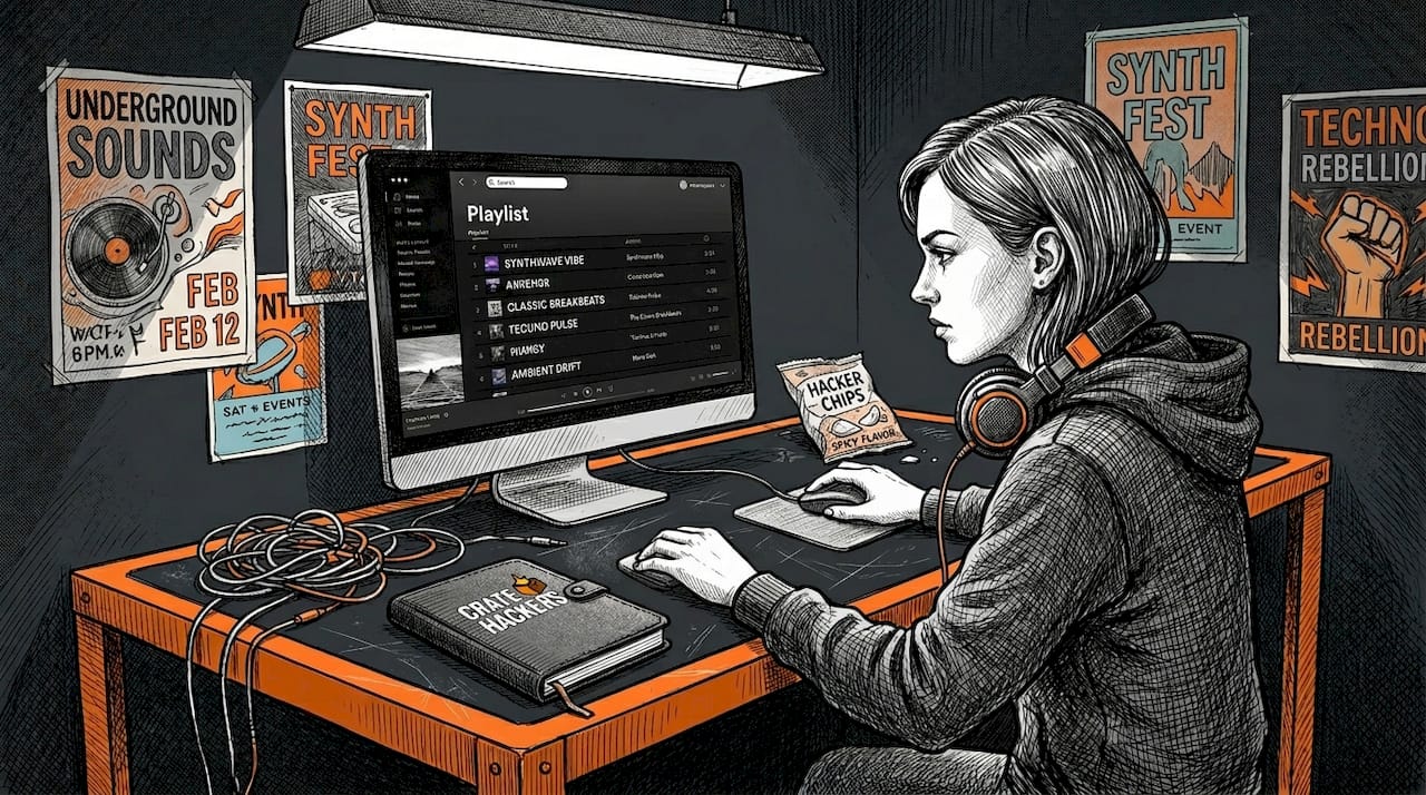 DJ sorting playlists at desktop computer