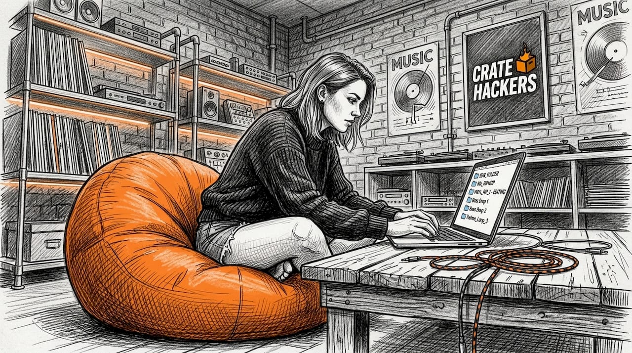 Woman sorting DJ music folders at home