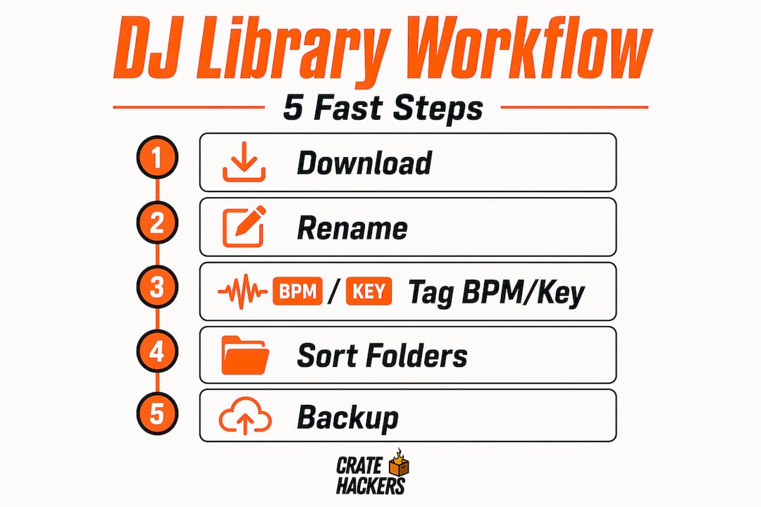Infographic with five steps to organize DJ music