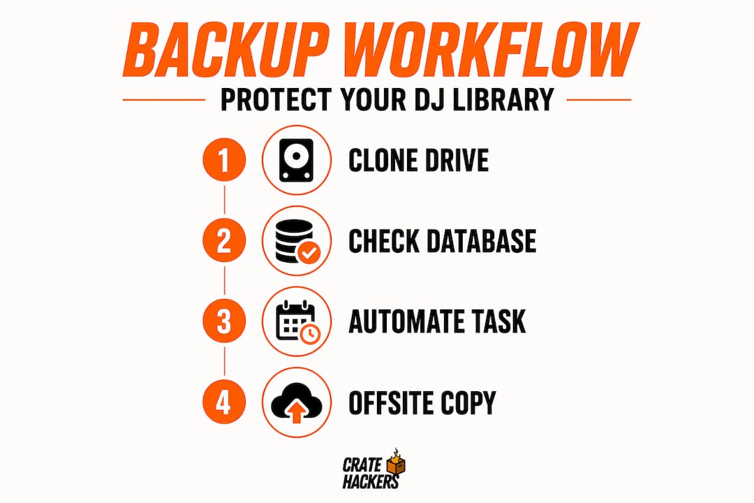 Infographic showing DJ library backup workflow steps
