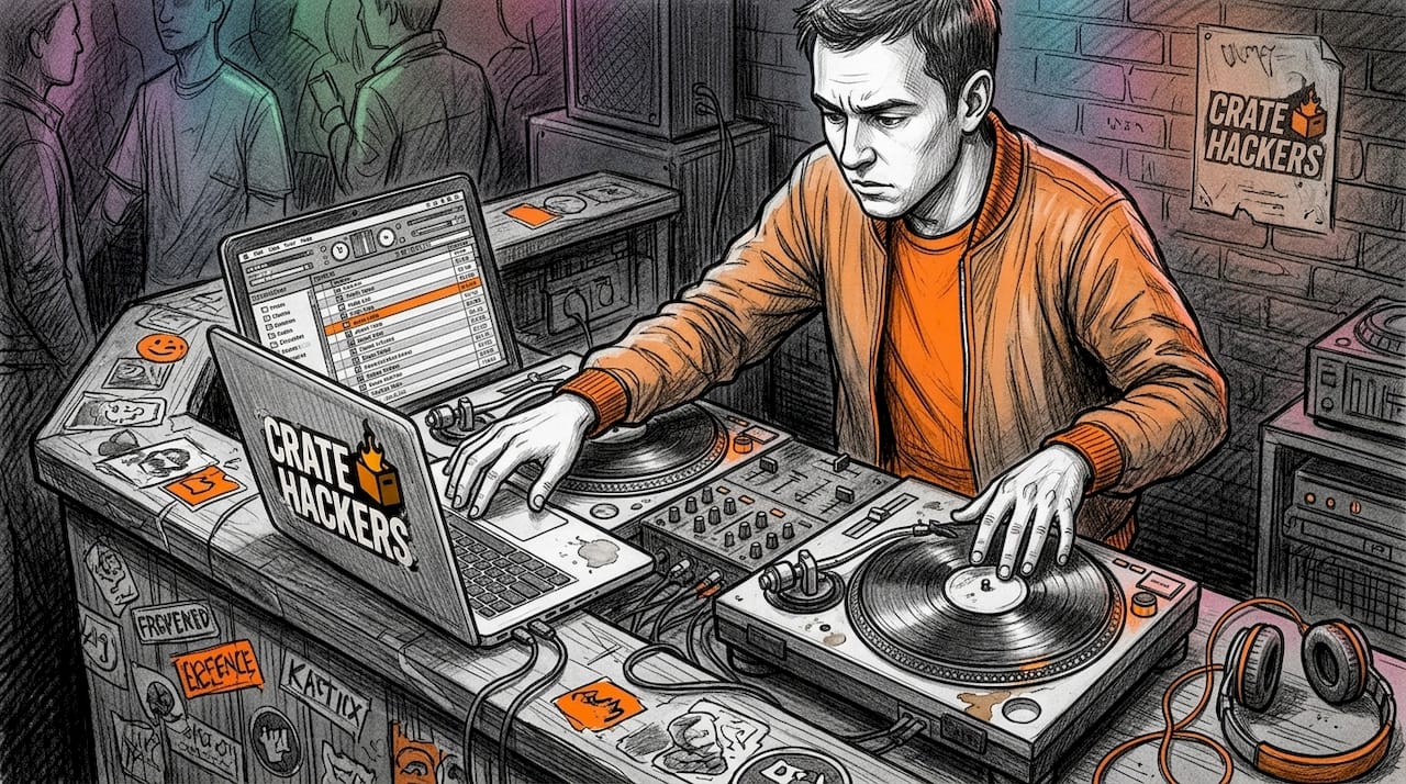 DJ organizing crates in a real club booth