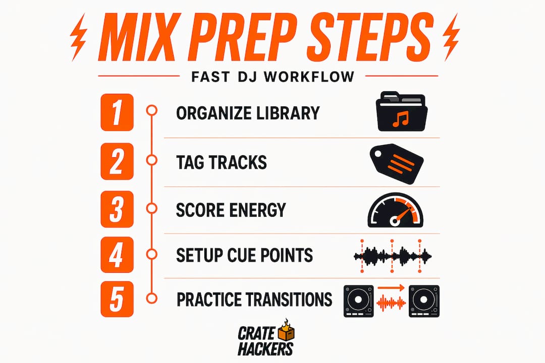 Infographic showing DJ mix preparation steps