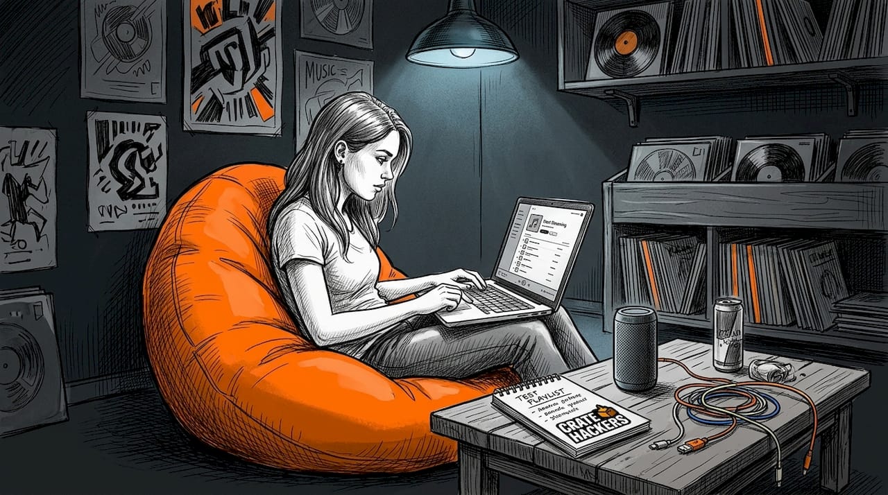 Woman building DJ test playlist on laptop