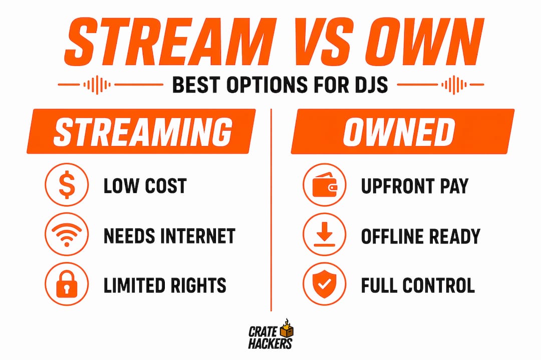 Split infographic comparing streaming and owning DJ music