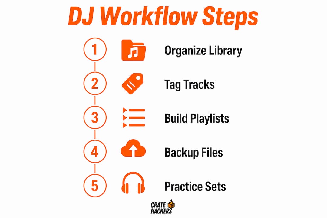 Infographic showing beginner DJ workflow steps