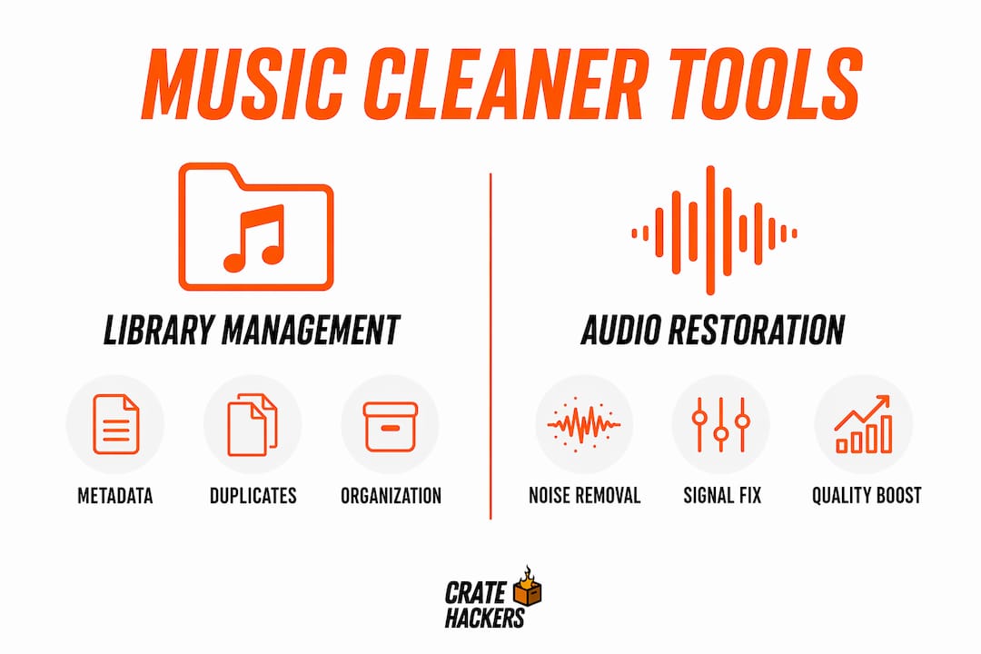 Infographic comparing library management and audio restoration tools