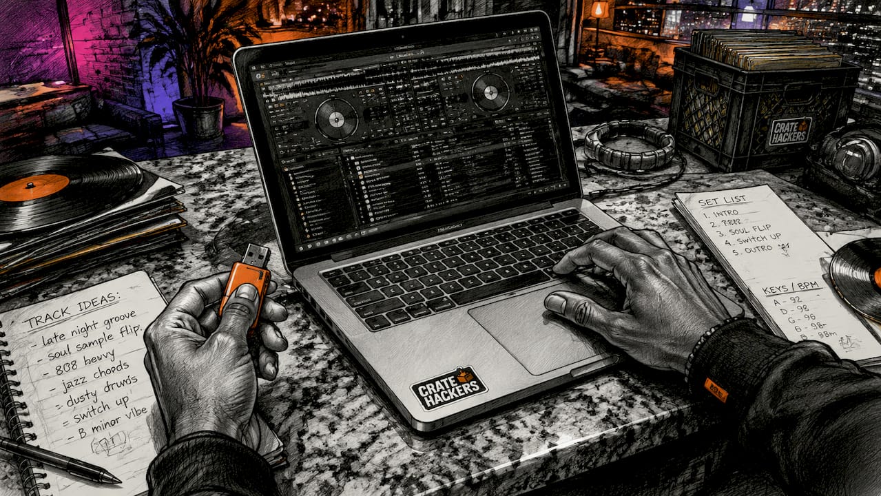 Hands connecting USB and typing on DJ software