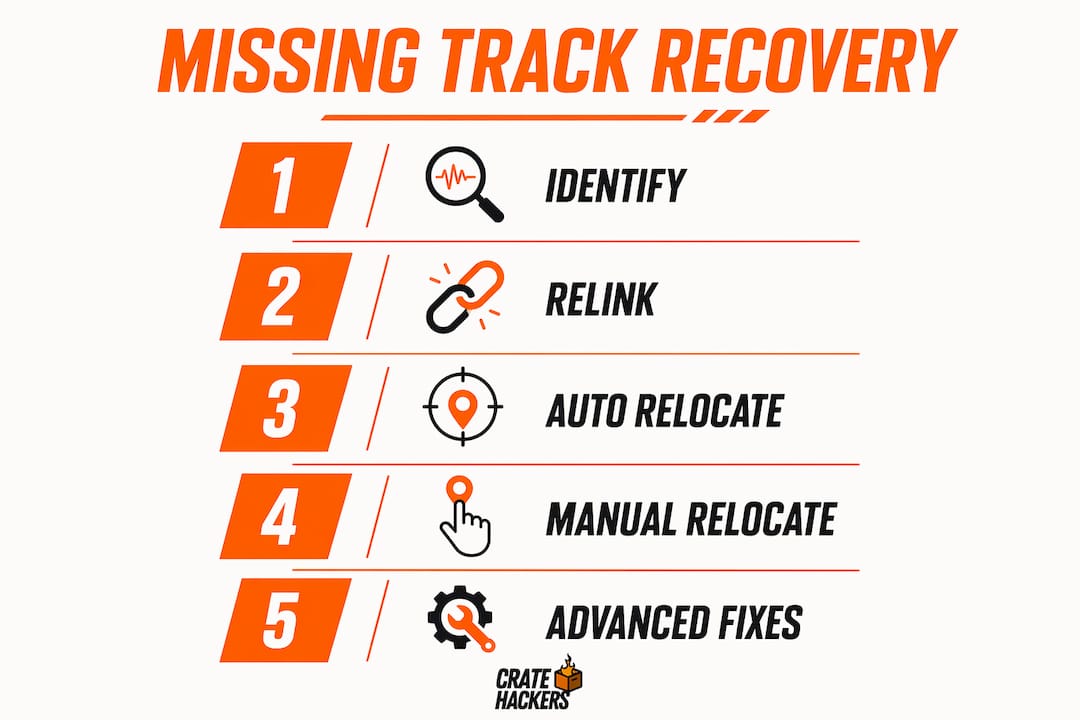 Infographic illustrating steps to recover missing DJ tracks