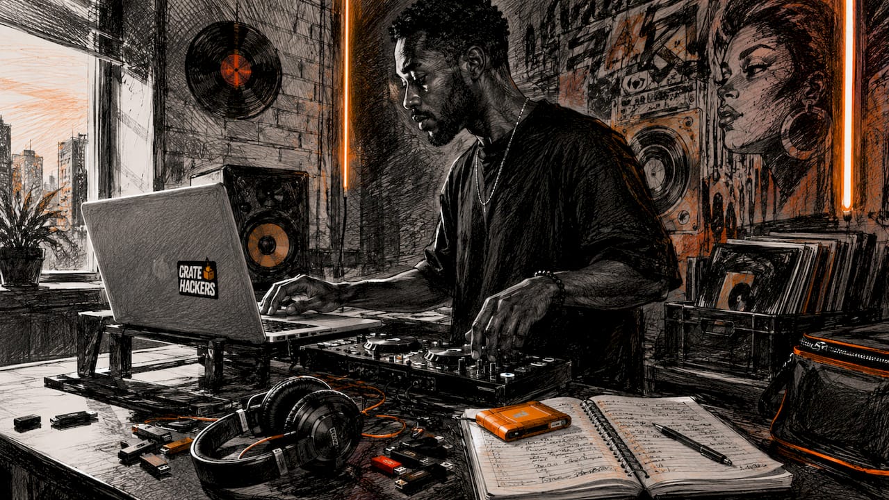 DJ preparing offline set in home studio