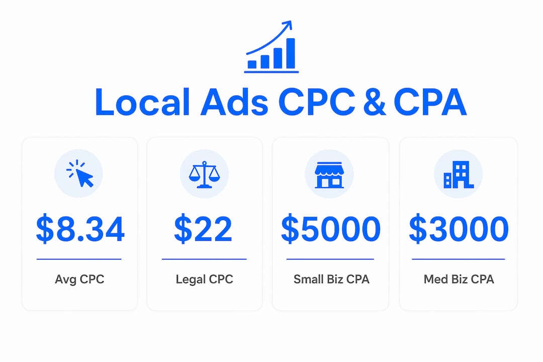 Infographic of Google Ads CPC and CPA statistics for local businesses