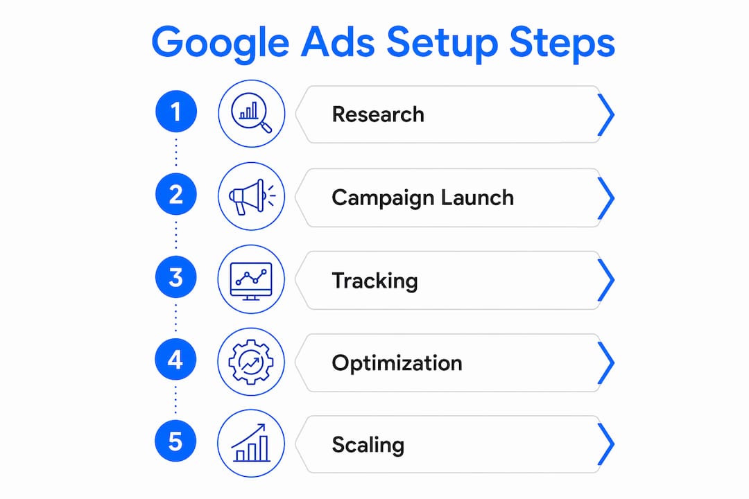 Infographic illustrating Google Ads campaign setup steps