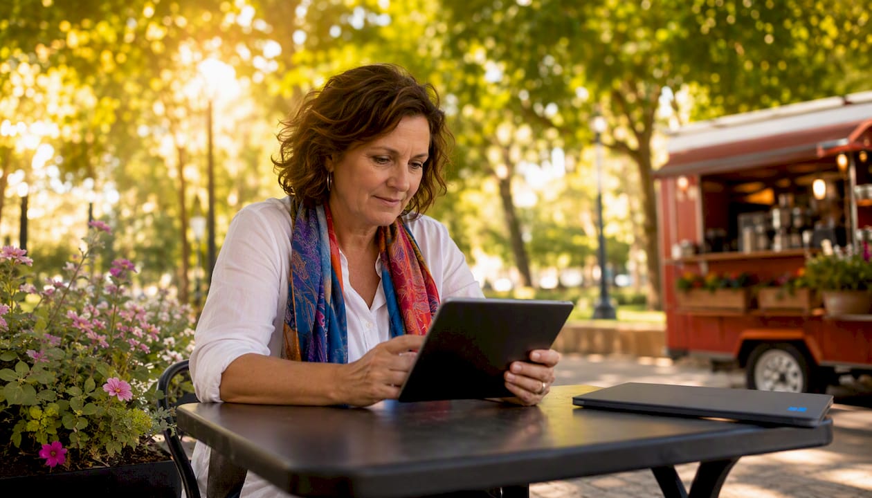 Local business owner using tablet for messaging