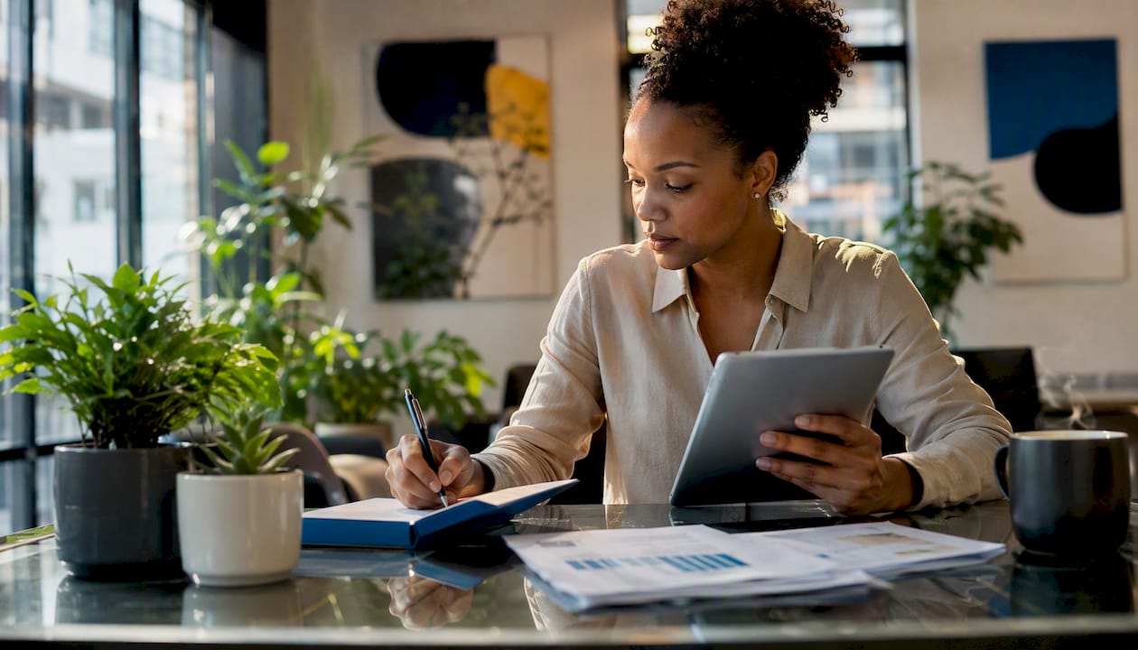 Marketing analyst reviewing call tracking data at desk