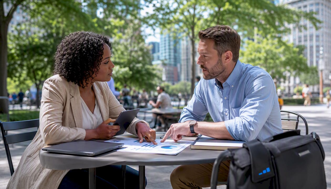 Two professionals discussing marketing automation outdoors