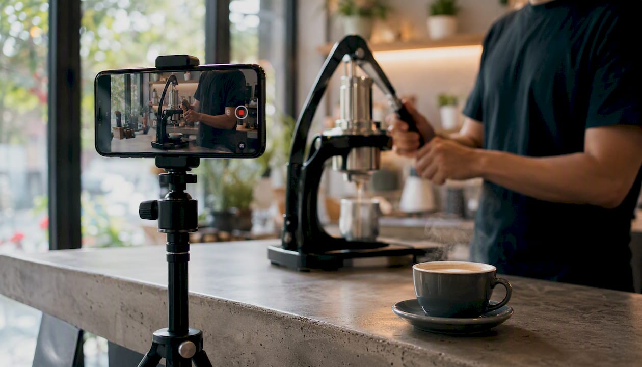 Phone filming coffee preparation in cafe