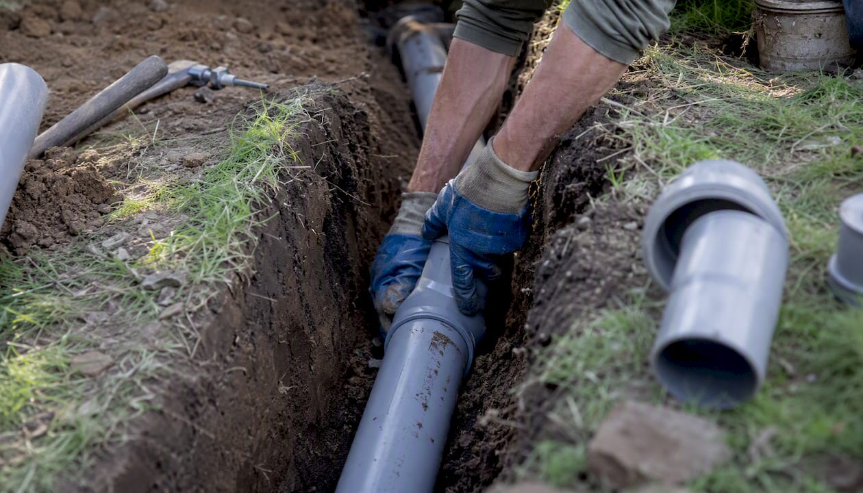 Open trench sewer pipe replacement in driveway