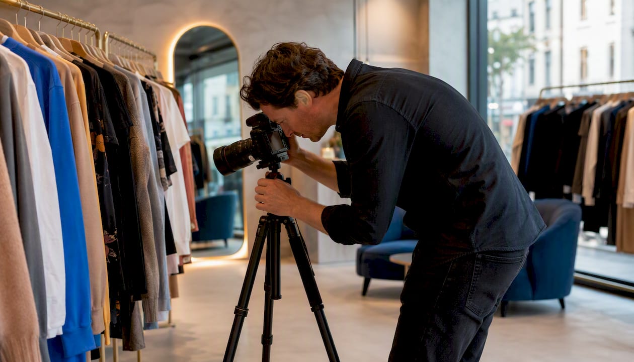Photographer preparing shoot inside local shop